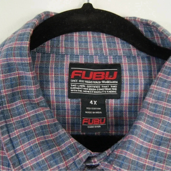 Vintage Y2K 2000s Fubu Grey Blue Checkered Plaid Button Down Shirt - Picture 4 of 4